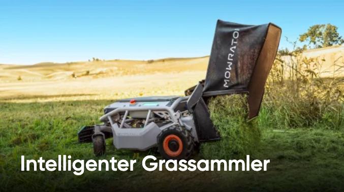 Das Foto zeigt den Rasenmäher beim Aufsammeln des gemähten Grases mithilfe des Grasfangkorbes Das Foto zeigt den Rasenmäher beim Aufsammeln des gemähten Grases mithilfe des Grasfangkorbes